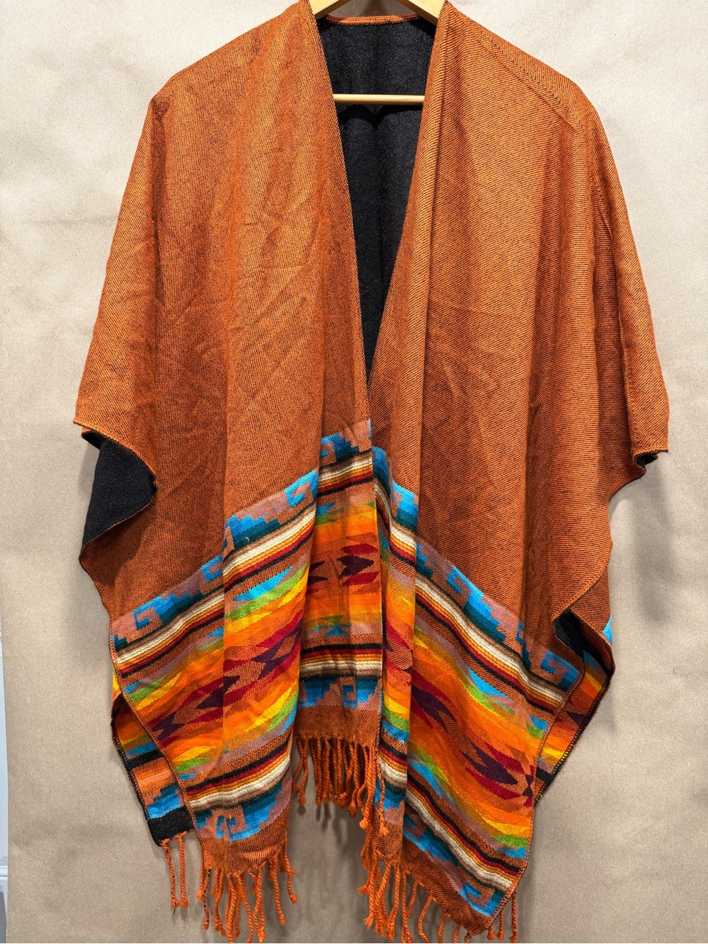 Source Unknown Orange Southwestern Fringe Cape with Multicolor Border